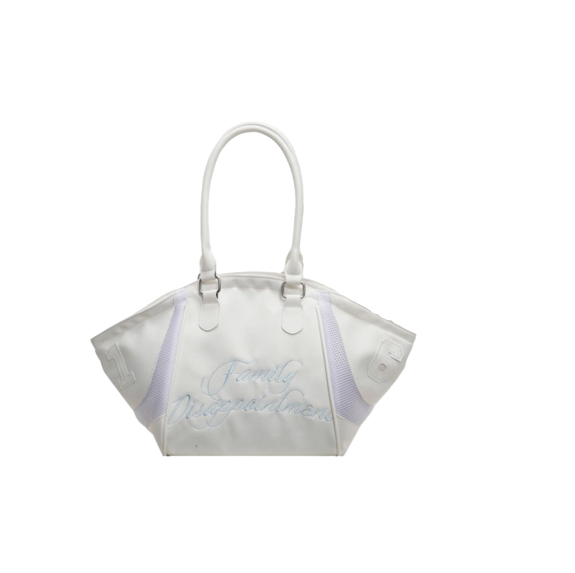 White handbag with embroidered text next to a matching gift box on a white background