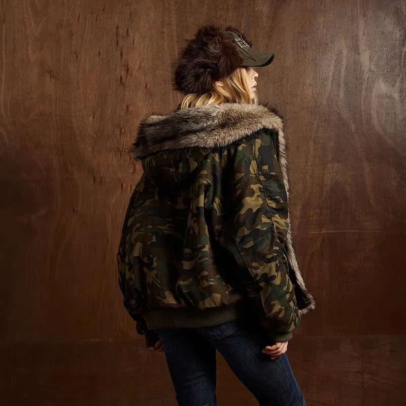 Camo Fur-Collar Bomber Jacket