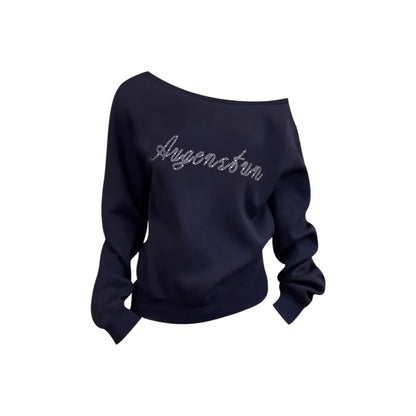 Off-Shoulder Rhinestone Crewneck Sweatshirt