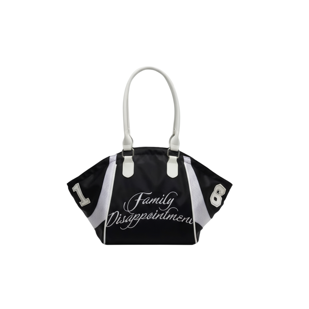 Black handbag with white text and a matching box on a white background