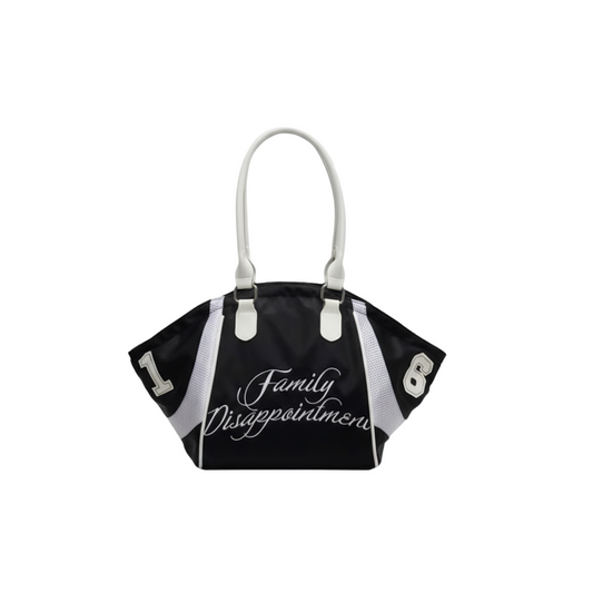Black handbag with white text and a matching box on a white background