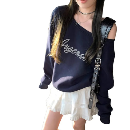 Off-Shoulder Rhinestone Crewneck Sweatshirt